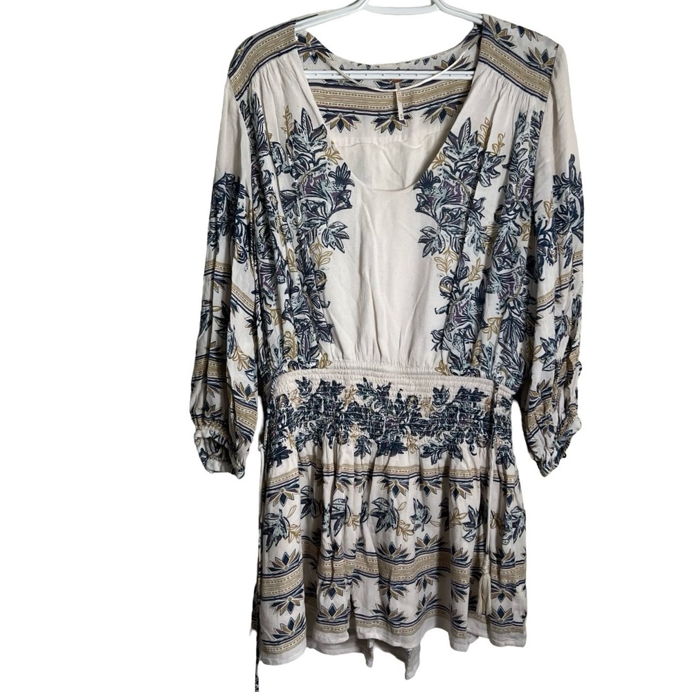 Free People Floral Smocked Waist Mini Dress Cream Blue Boho Tassel V-Neck Medium